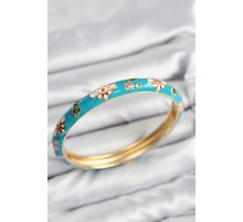 Mineli Pirinç Mavi Çiçek Motifli Gold Kadın Kelepçe