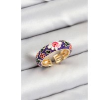 Pirinç Mor Mineli Çiçek Motifli Gold Renk Ayarlanabilir Kadın Yüzük