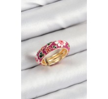 Pirinç Fuşya Mineli Çiçek Motifli Gold Renk Ayarlanabilir Kadın Yüzük