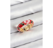 Pirinç Kırmızı Mineli Çiçek Motifli Gold Renk Ayarlanabilir Kadın Yüzük