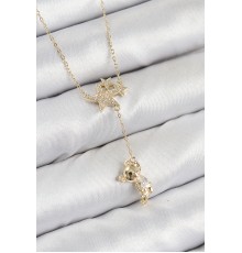 Pirinç Zirkon Taşlı Sallantılı Ayıcıklı Yıldız Model Gold Renk Kadın Kolye