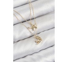 Pirinç Zirkon Taşlı Yıldız Ve Ay Model Gold Renk Kadın Kolye
