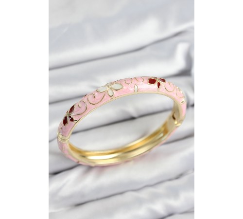Mineli Pirinç Pembe Çiçek Motifli Gold Kadın Kelepçe