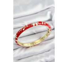 Mineli Pirinç Zirkon Taşlı Kırmızı Çiçek Motifli Gold Kadın Kelepçe