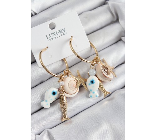 Pirinç Sallantılı Seramik Balık Ve Deniz Kabuğu Model Gold Renk Kadın Küpe Pirinç Sallantılı Seramik Balık Ve Deniz Kabuğu Model Gold Renk Kadın Küpe