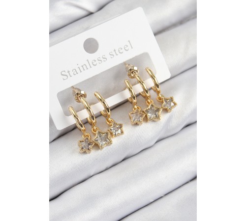 Pirinç Zirkon Taşlı Sallantılı Yıldız Model Gold Renk Kadın Küpe Pirinç Zirkon Taşlı Sallantılı Yıldız Model Gold Renk Kadın Küpe