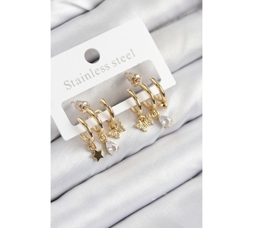 Pirinç Zirkon Taşlı Yıldız Ve Kelebek Model Gold Renk Kadın Küpe Pirinç Zirkon Taşlı Yıldız Ve Kelebek Model Gold Renk Kadın Küpe