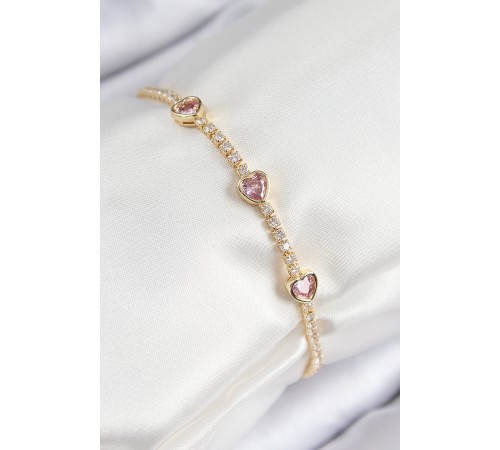 Pirinç Zirkon Taşlı Pembe Kalp Model Gold Renk Kadın Bileklik