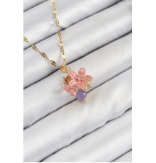 316L Çelik Zirkon Taşlı Arı Detaylı Pembe Çiçek Model Gold Renk Kadın Kolye
