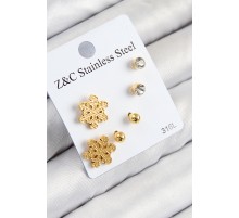316L Çelik Zirkon Taşlı Kar Tanesi Model Gold Renk Kadın Set Küpe