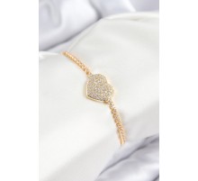 Pirinç Zirkon Taşlı Kalp Model Gold Renk Asansörlü Kadın Bileklik