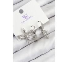 Pirinç Zirkon Taşlı 3'lü Kuş Model Gümüş Renk Kadın Küpe