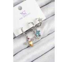 Pirinç Zirkon Taşlı 3'lü Arı Ve Çiçek Model Gümüş Renk Kadın Küpe