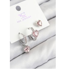 Pirinç Zirkon Taşlı 3'lü Pembe Kalp Model Gümüş Renk Kadın Küpe