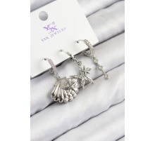 Pirinç Zirkon Taşlı 3'lü Yıldız Ve İstiridye Model Gümüş Renk Kadın Küpe