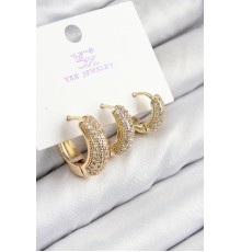 Pirinç Zirkon Taşlı 3'lü Halka Model Gold Renk Kadın Küpe
