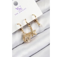Pirinç Zirkon Taşlı 3'lü İstiridye Ve Yıldız Model Gold Renk Kadın Küpe
