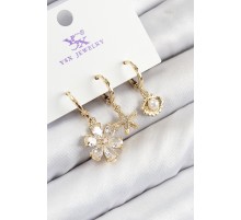 Pirinç Zirkon Taşlı 3'lü İstiridye Ve Çiçek Model Gold Renk Kadın Küpe