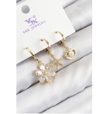 Pirinç Zirkon Taşlı 3'lü İstiridye Ve Çiçek Model Gold Renk Kadın Küpe