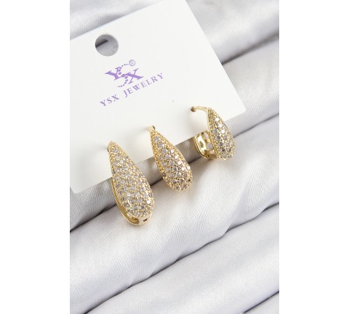 Pirinç Zirkon Taşlı 3'lü Damla Model Gold Renk Kadın Küpe Pirinç Zirkon Taşlı 3'lü Damla Model Gold Renk Kadın Küpe