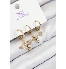 Pirinç Zirkon Taşlı 3'lü Kuş Model Gold Renk Kadın Küpe