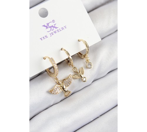 Pirinç Zirkon Taşlı 3'lü Kuş Model Gold Renk Kadın Küpe