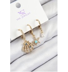 Pirinç Zirkon Taşlı 3'lü İstiridye Ve Yıldız Model Gold Renk Kadın Küpe