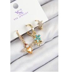 Pirinç Zirkon Taşlı 3'lü Arı Ve Çiçek Model Gold Renk Kadın Küpe