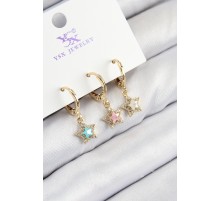 Pirinç Zirkon Taşlı 3'lü Renkli Yıldız Model Gold Renk Kadın Küpe