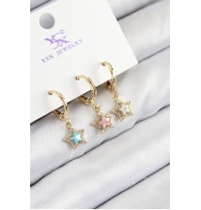 Pirinç Zirkon Taşlı 3'lü Renkli Yıldız Model Gold Renk Kadın Küpe