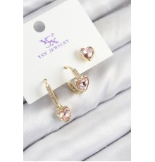 Pirinç Zirkon Taşlı 3'lü Pembe Kalp Model Gold Renk Kadın Küpe