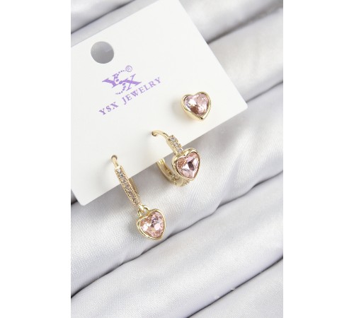 Pirinç Zirkon Taşlı 3'lü Pembe Kalp Model Gold Renk Kadın Küpe Pirinç Zirkon Taşlı 3'lü Pembe Kalp Model Gold Renk Kadın Küpe