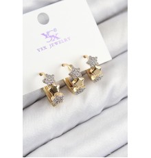 Pirinç Zirkon Taşlı 3'lü Halka Yıldız Model Gold Ve Gümüş Renk Kadın Küpe