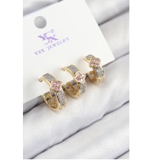 Pirinç Zirkon Taşlı 3'lü Halka Yonca Model Gold Ve Gümüş Renk Kadın Küpe