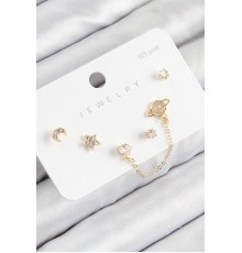 Pirinç Zirkon Taşlı Yıldız Ve Gezegen Model Gold Renk 925 Ayar Gümüş Çivi Kadın Küpe Set