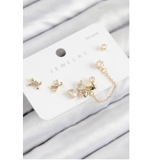 Pirinç Zirkon Taşlı Fiyonk Model Gold Renk 925 Ayar Gümüş Çivi Kadın Küpe Set