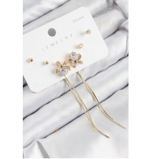 Pirinç Zirkon Taşlı Sallantılı Fiyonk Model Gold Renk 925 Ayar Gümüş Çivi Kadın Küpe Set