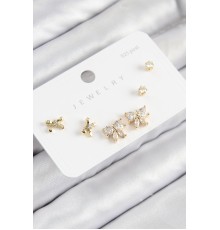 Pirinç Zirkon Taşlı Fiyonk Model Gold Renk 925 Ayar Gümüş Çivi Kadın Küpe Set