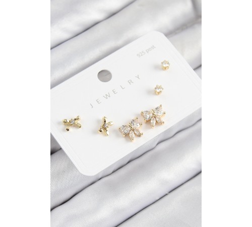 Pirinç Zirkon Taşlı Fiyonk Model Gold Renk 925 Ayar Gümüş Çivi Kadın Küpe Set