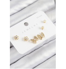 Pirinç Zirkon Taşlı Kelebek Model Gold Renk 925 Ayar Gümüş Çivi Kadın Küpe Set