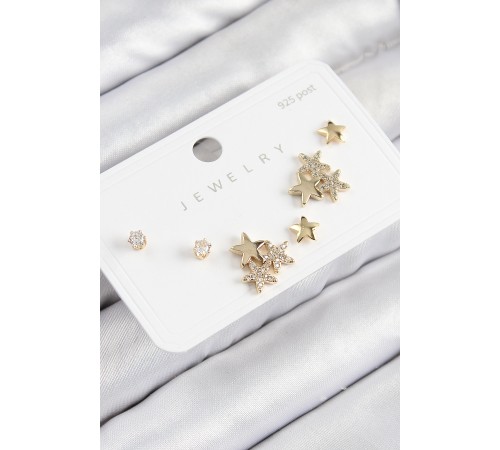 Pirinç Zirkon Taşlı Yıldız Model Gold Renk 925 Ayar Gümüş Çivi Kadın Küpe Set