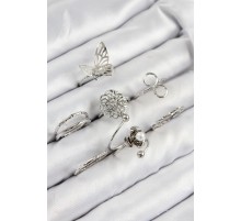 Pirinç Gül Kelebek Model Gümüş Renk Kadın Yüzük Kombin Set