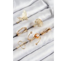 Pirinç Gül Kelebek Model Gümüş Renk Kadın Yüzük Kombin Set