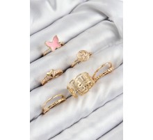 Pirinç Kelebek Ve Kalp Model Gold Renk Kadın Yüzük Kombin Set