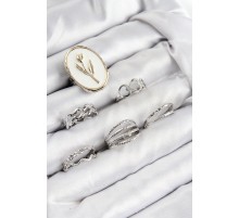 Pirinç Zirkon Taşlı Lale Model Gümüş Renk Kadın Yüzük Kombin Set