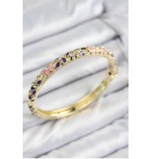Mineli Pirinç Zirkon Taşlı Pembe Mor Çiçek Motifli Gold Kadın Kelepçe