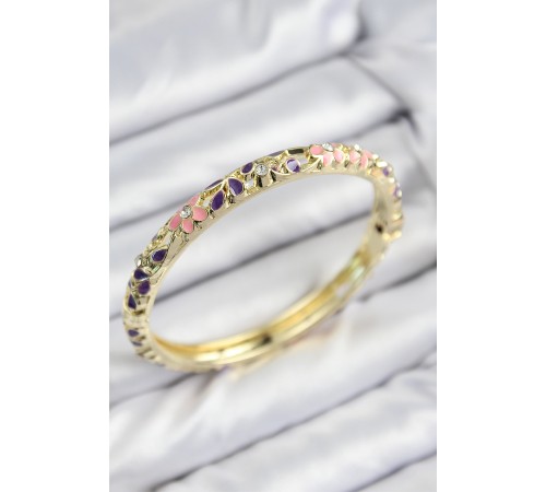 Mineli Pirinç Zirkon Taşlı Pembe Mor Çiçek Motifli Gold Kadın Kelepçe