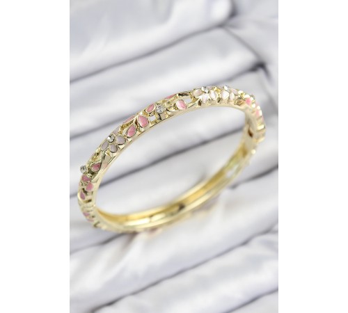 Mineli Pirinç Zirkon Taşlı Pembe Çiçek Motifli Gold Kadın Kelepçe