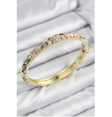 Mineli Pirinç Zirkon Taşlı Pembe Mor Çiçek Motifli Gold Kadın Kelepçe