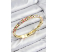 Mineli Pirinç Zirkon Taşlı Pembe Mor Çiçek Motifli Gold Kadın Kelepçe